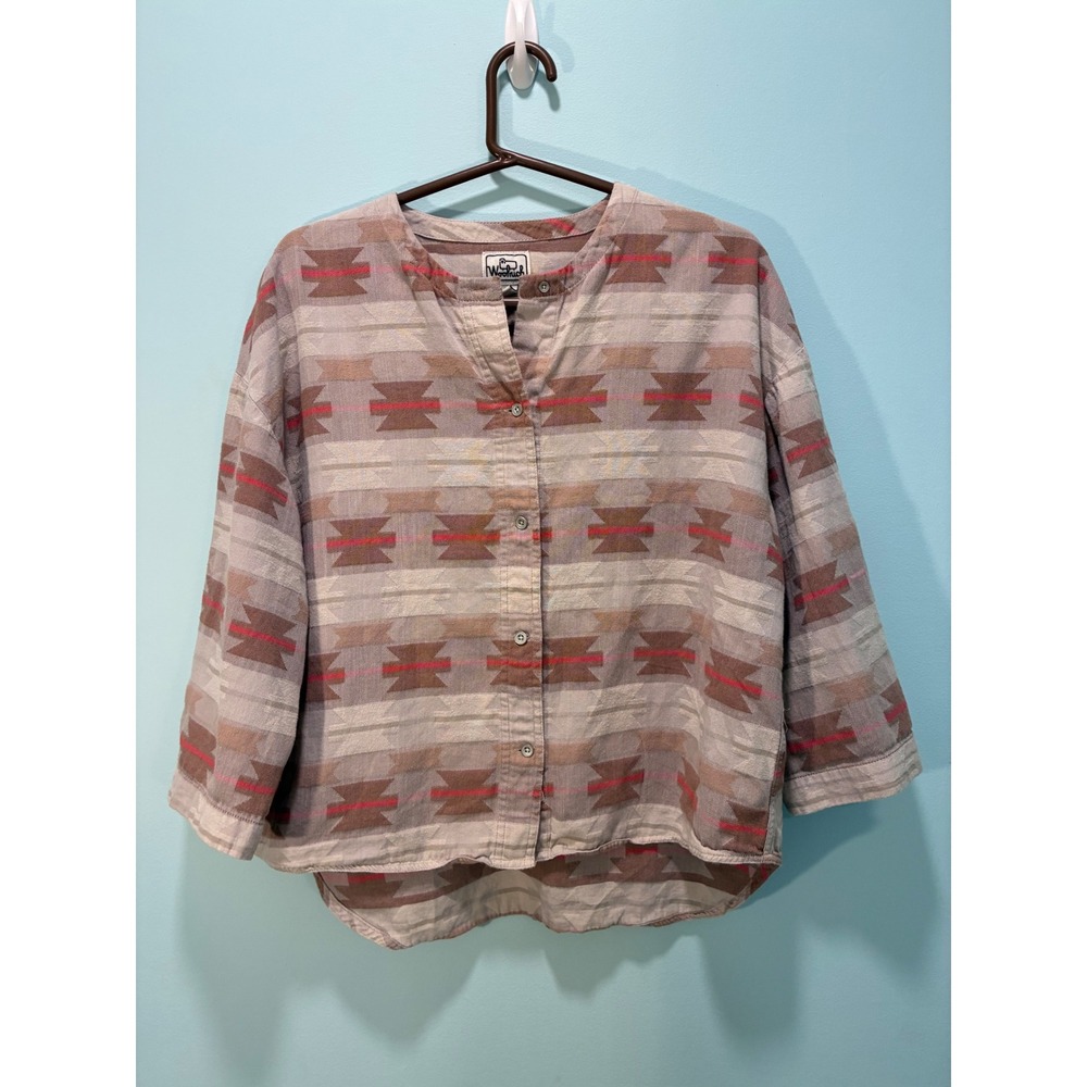 Woolrich Women's Southwestern Geometric Cotton Button Down Shirt Tan Brown S